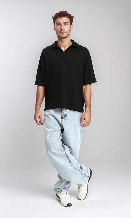 R207053 - Self Pattern Slip On Polo Shirt - Black