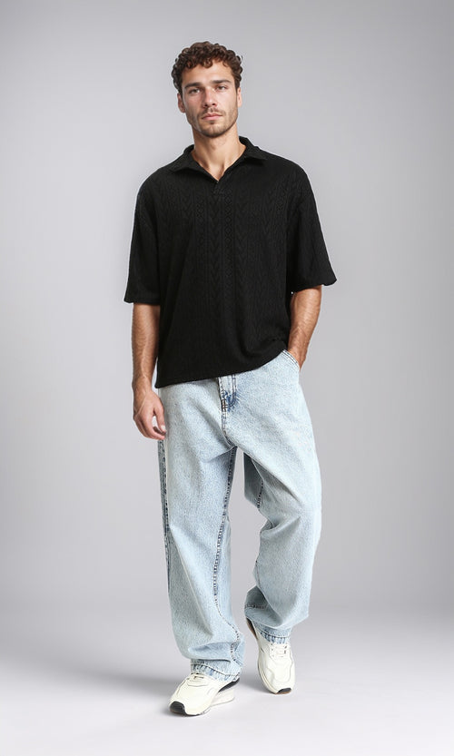 R207053 - Self Pattern Slip On Polo Shirt - Black