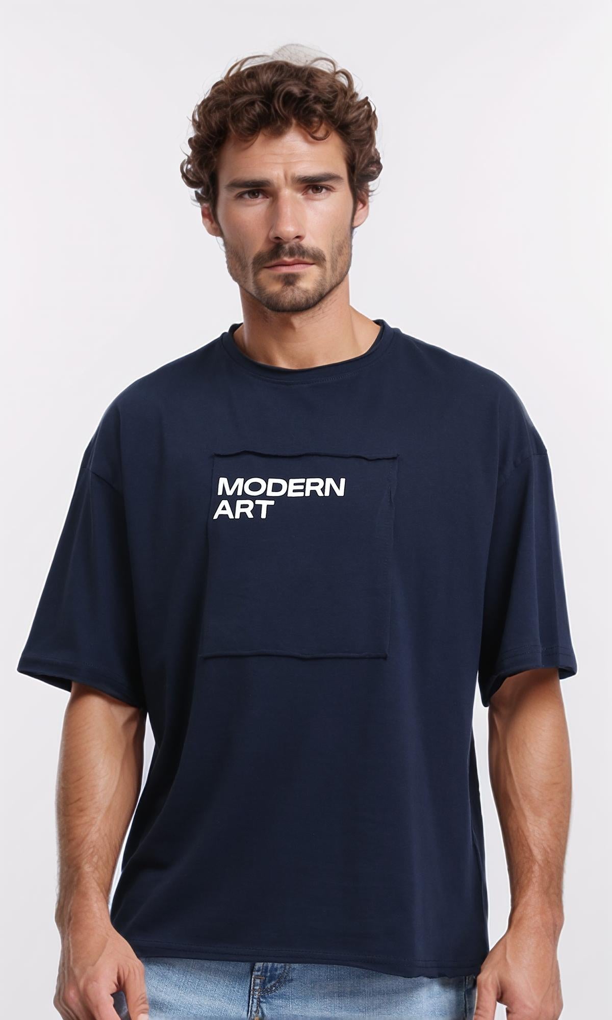 Elbow Sleeves Printed Comfy Tee - Navy Blue