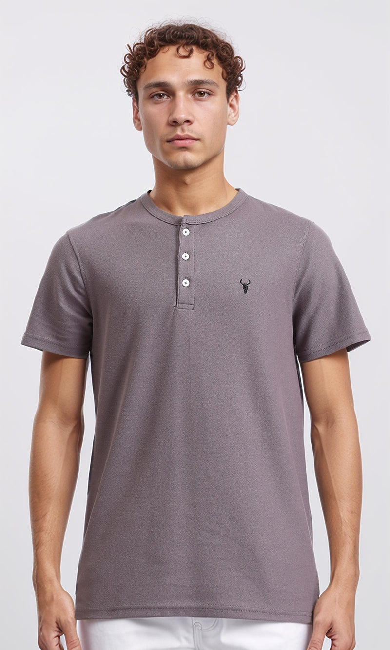 R207075 - Crew Buttoned Neck Henley Shirt - Dark Grey