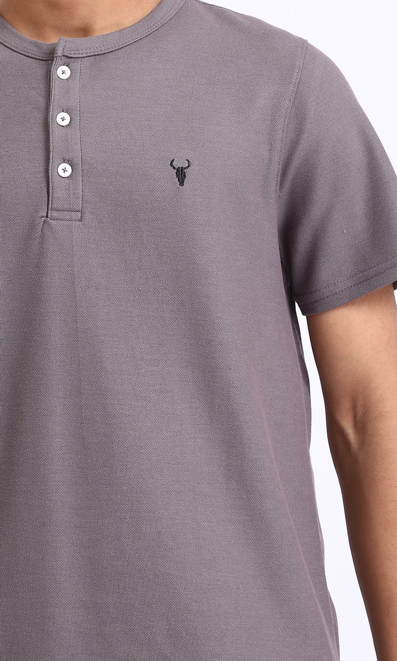 R207075 - Crew Buttoned Neck Henley Shirt - Dark Grey