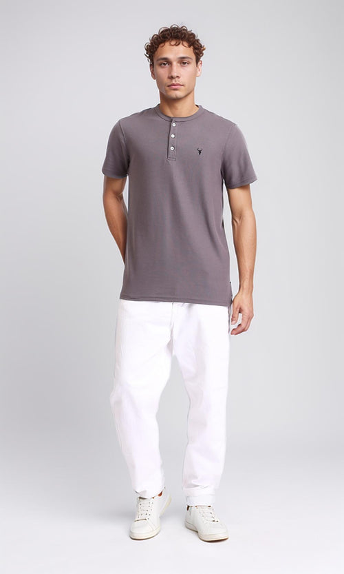 R207075 - Crew Buttoned Neck Henley Shirt - Dark Grey