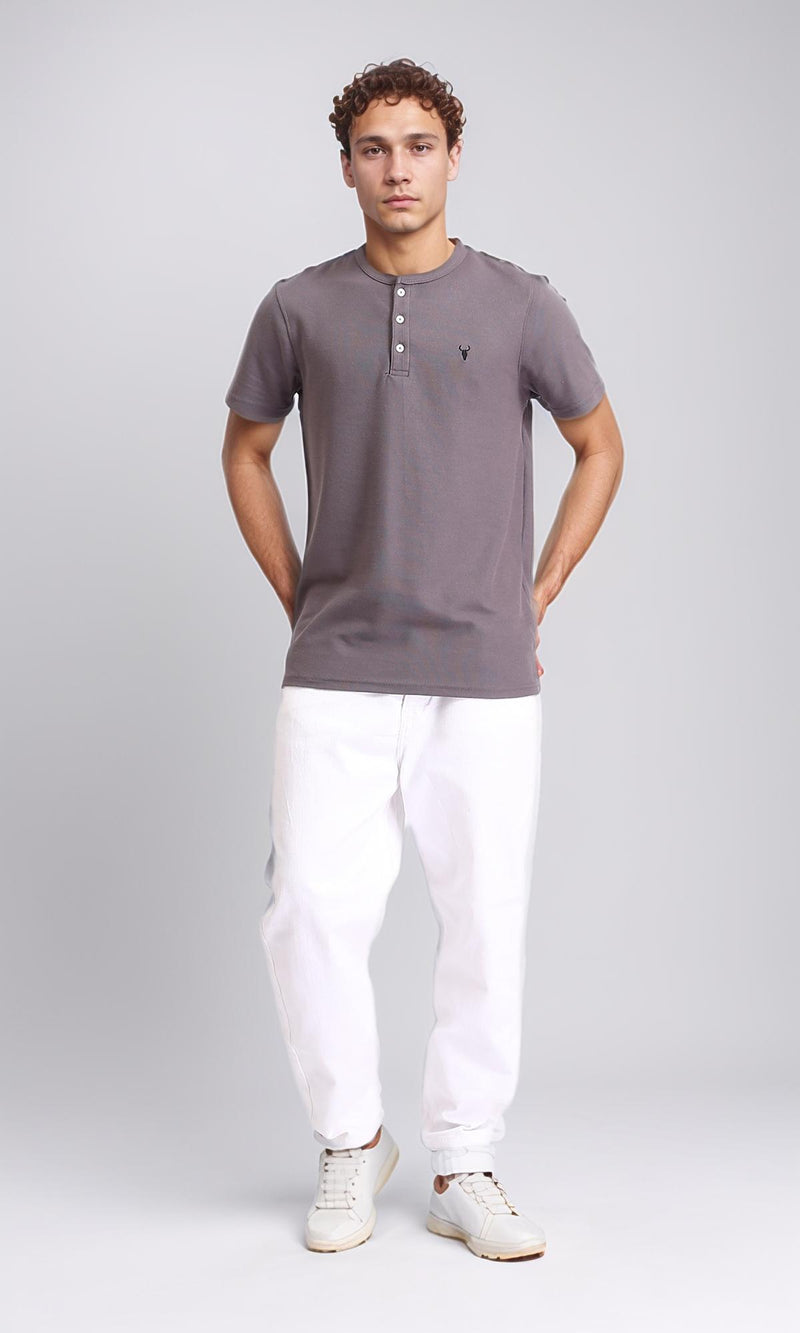 R207075 - Crew Buttoned Neck Henley Shirt - Dark Grey