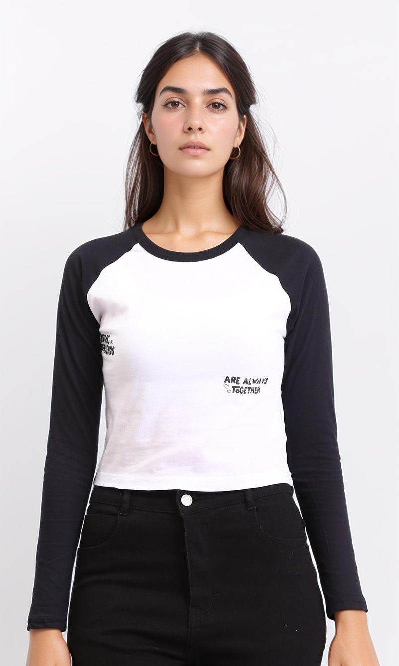 R207077 - Bi-Tone Long Sleeves Printed Tee - Black & White