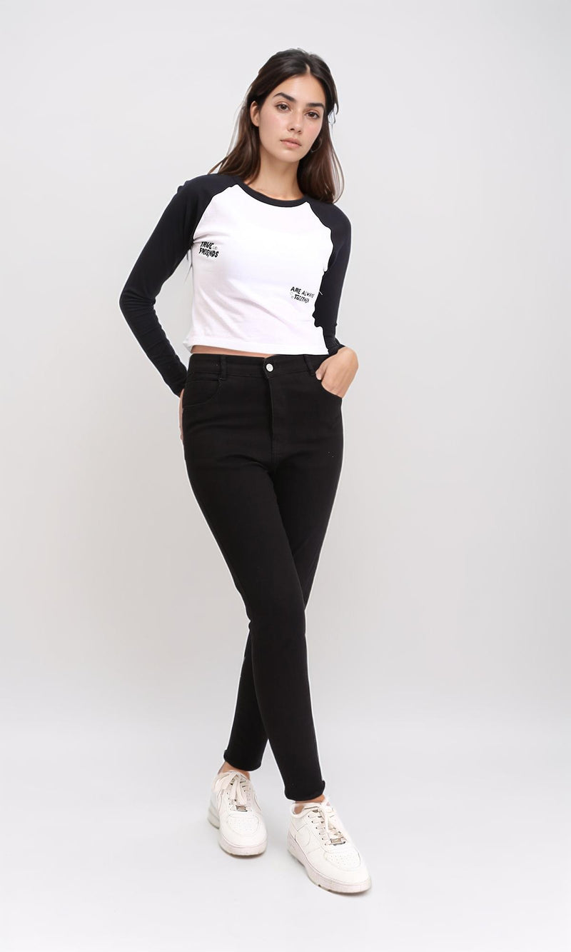 R207077 - Bi-Tone Long Sleeves Printed Tee - Black & White