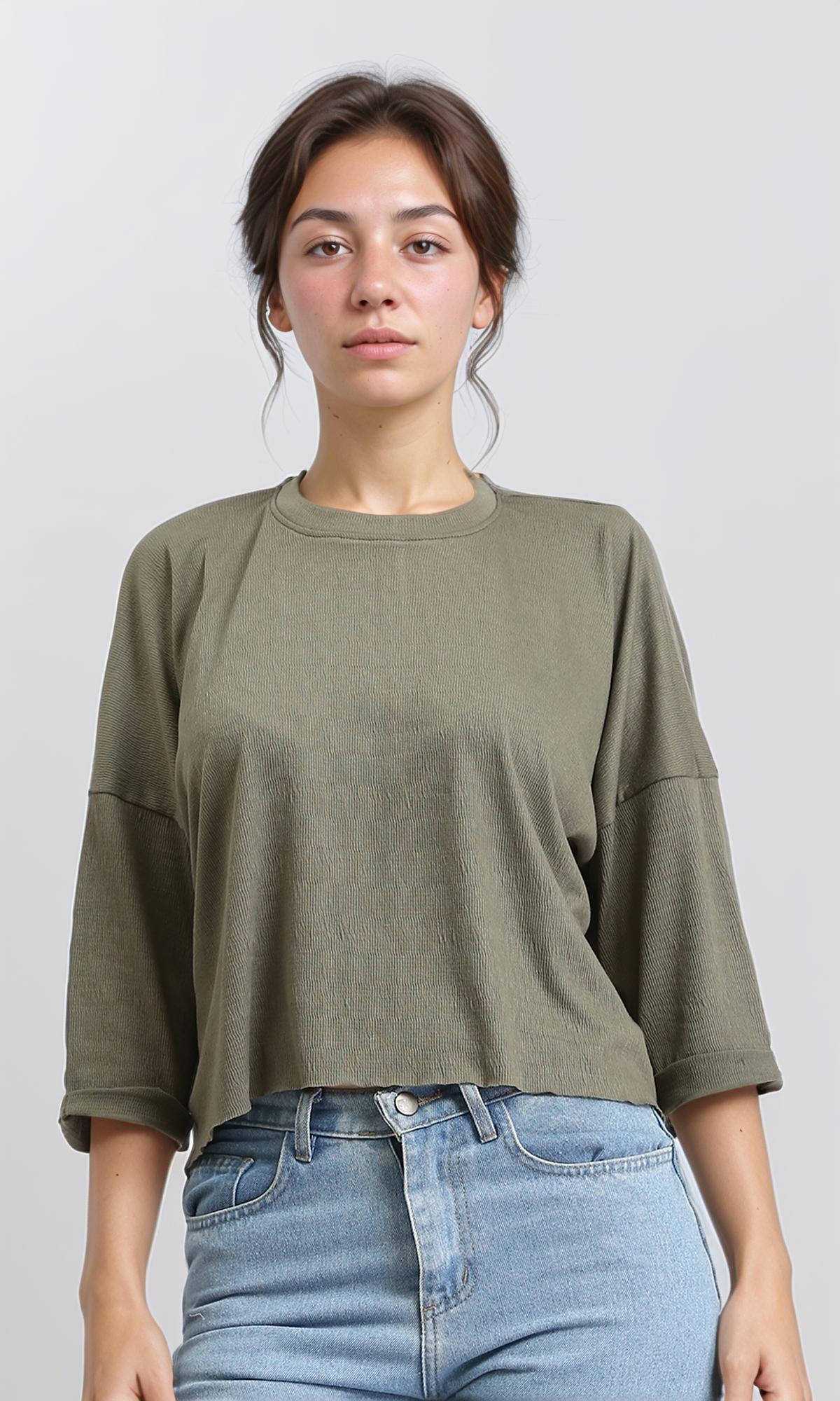 Textured 3\4 Sleeves Relaxed Tee - Dark Olive