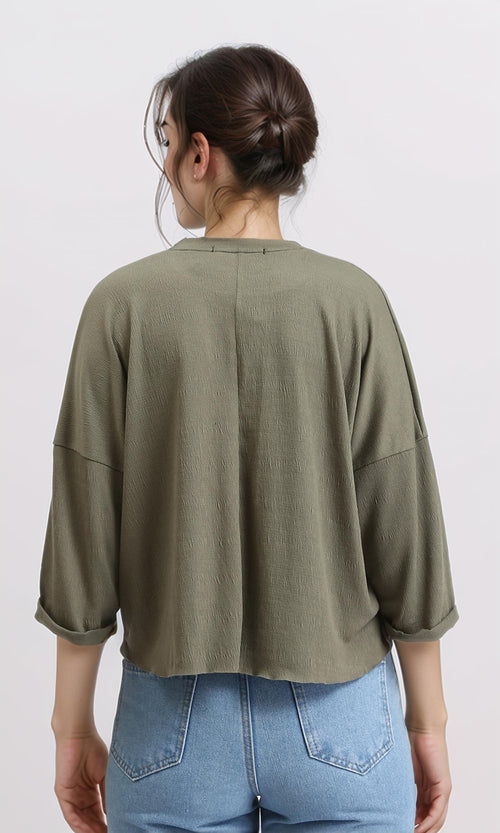 R207079 - Textured 3\4 Sleeves Relaxed Tee - Dark Olive