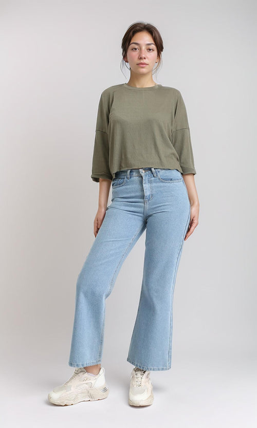R207079 - Textured 3\4 Sleeves Relaxed Tee - Dark Olive