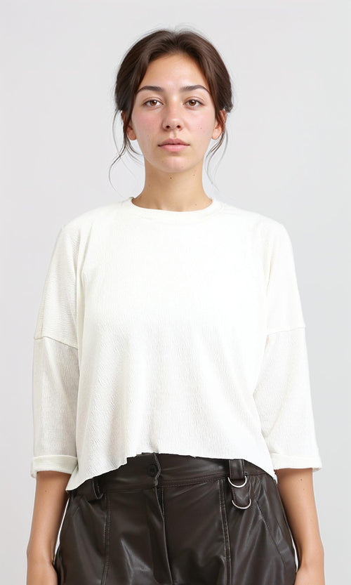 R207080 - Textured 3\4 Sleeves Relaxed Tee - Off-White