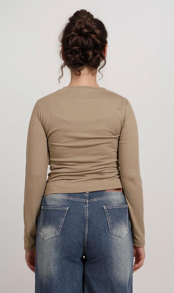 R207083-R207083 - Side-Ruched Long Sleeve Tee - Beige