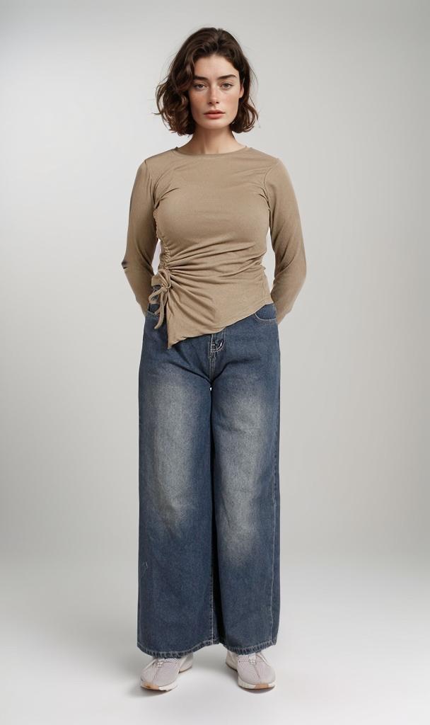 R207083-R207083 - Side-Ruched Long Sleeve Tee - Beige