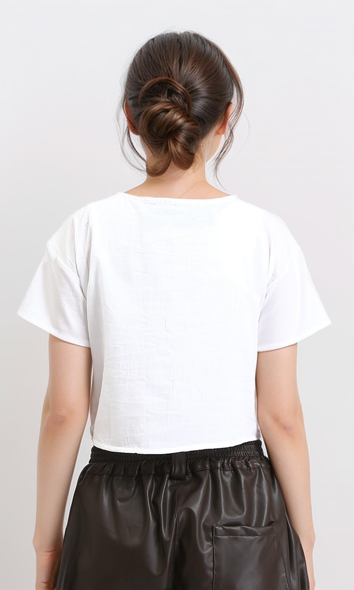 R207085 - Short Sleeves Boat Neck Solid Blouse - White