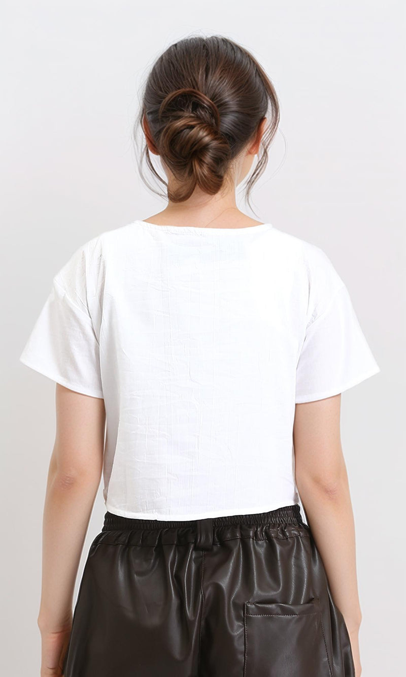 R207085 - Short Sleeves Boat Neck Solid Blouse - White
