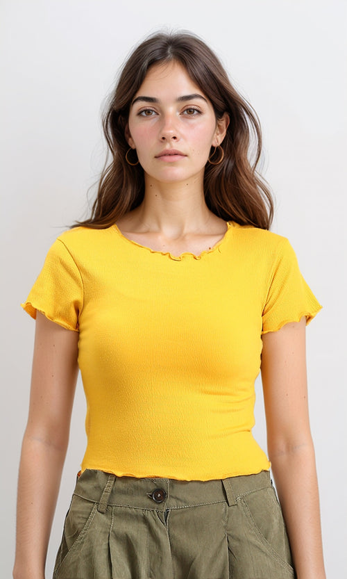 R207091 - Short Sleeves Feminine Lettuce Top - Mustard