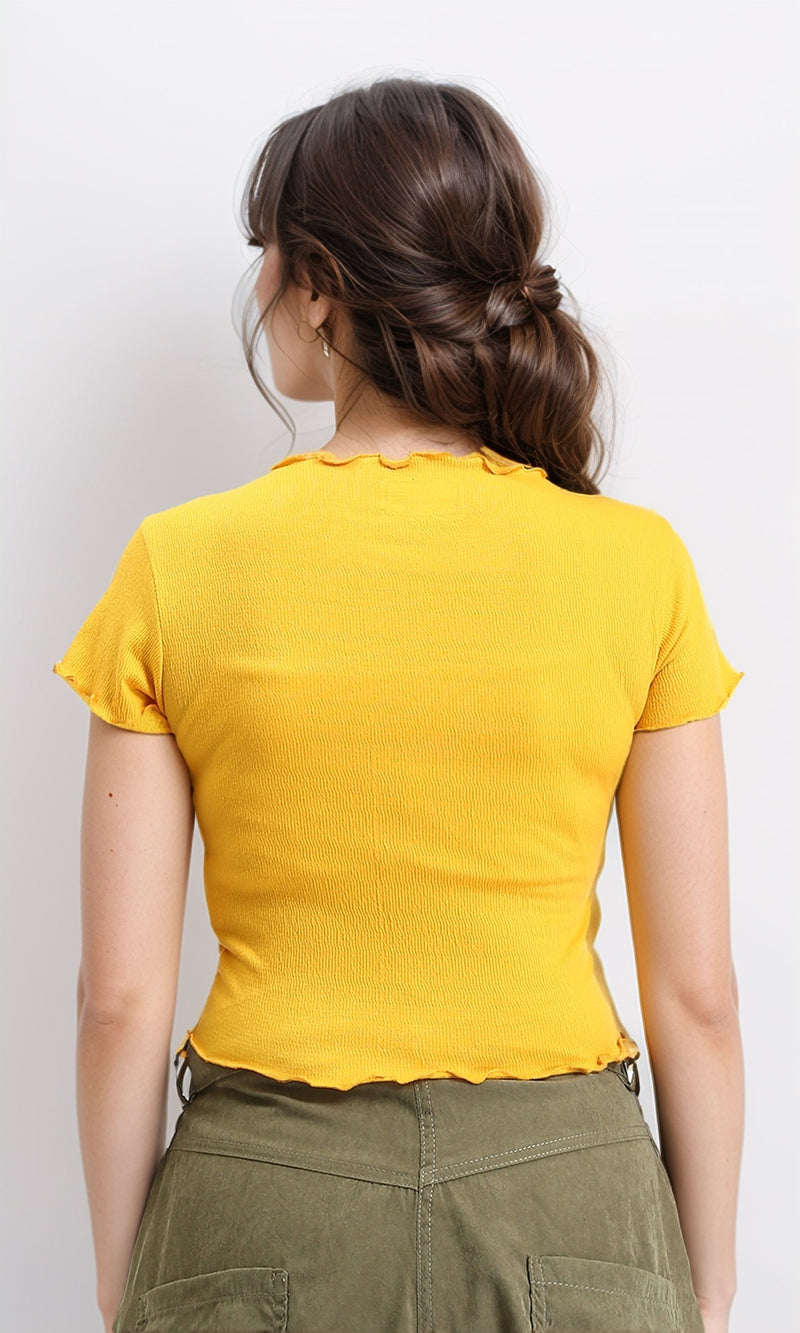R207091 - Short Sleeves Feminine Lettuce Top - Mustard