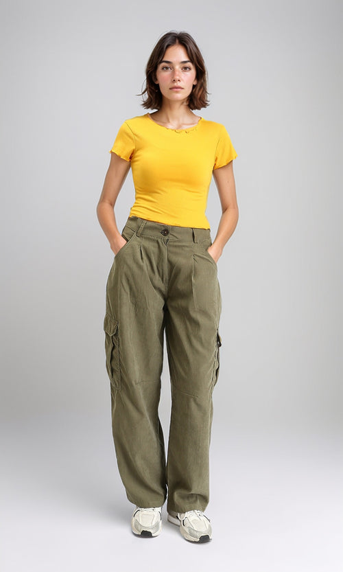 R207091 - Short Sleeves Feminine Lettuce Top - Mustard