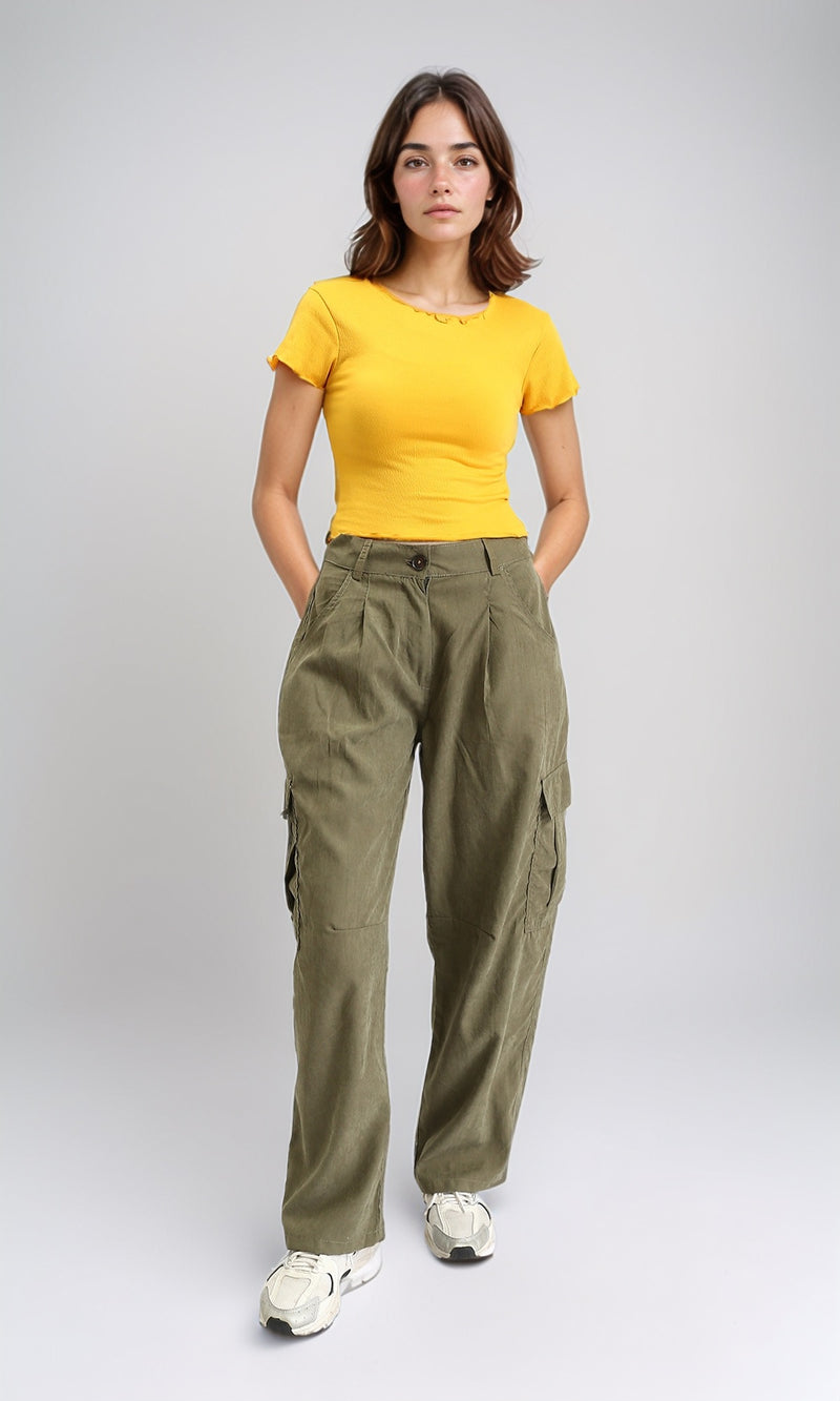 R207091 - Short Sleeves Feminine Lettuce Top - Mustard