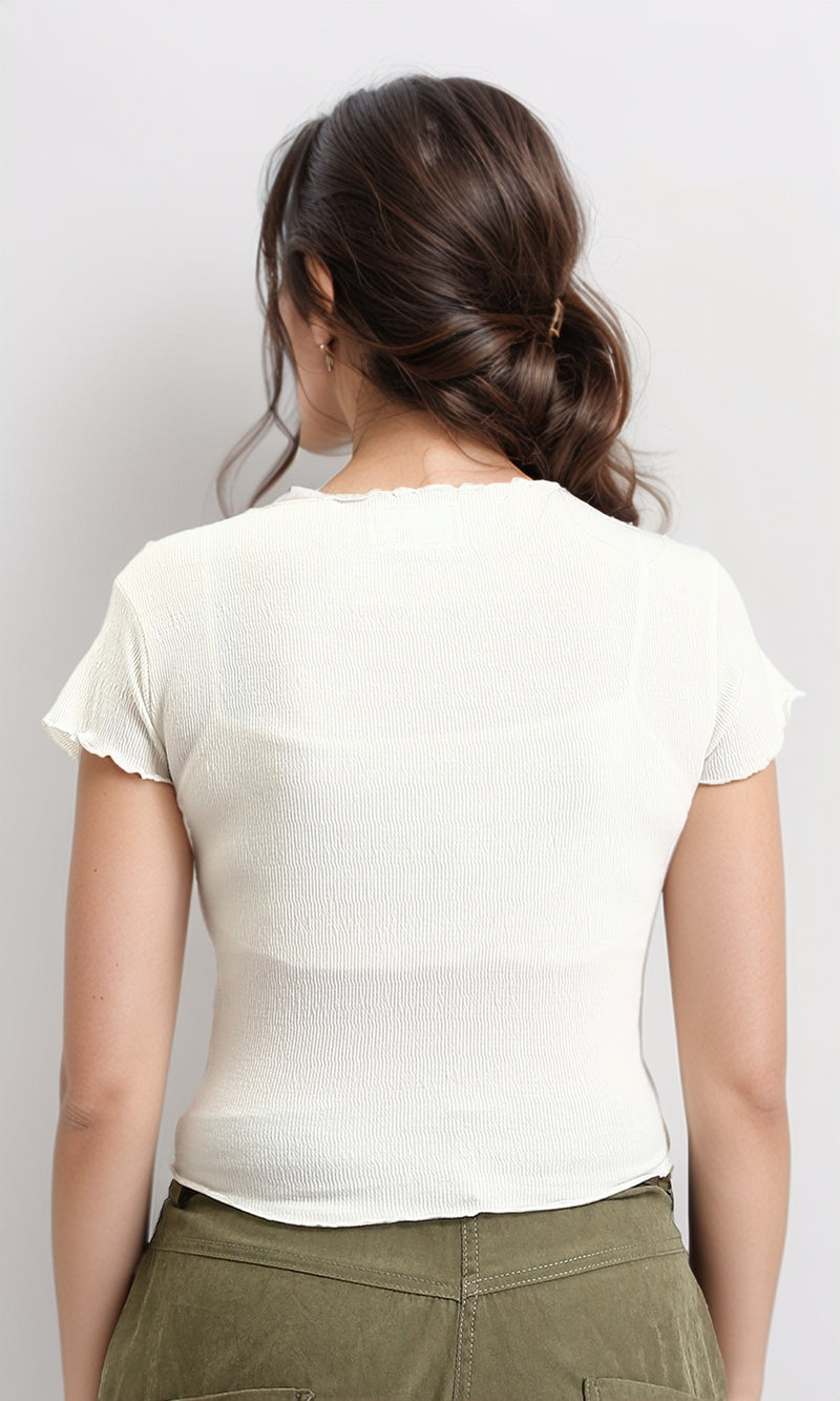 R207092 - Short Sleeves Feminine Lettuce Top - Off-White
