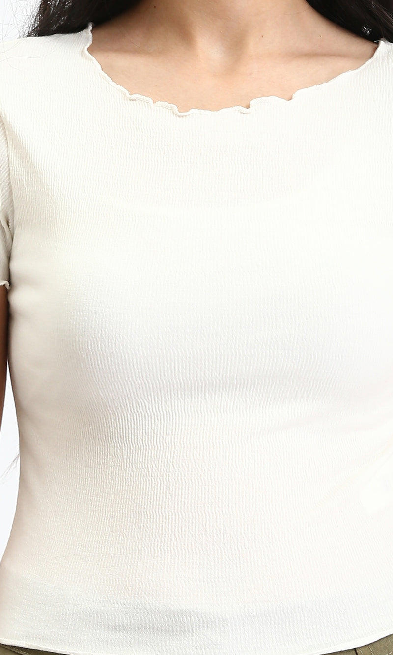 R207092 - Short Sleeves Feminine Lettuce Top - Off-White