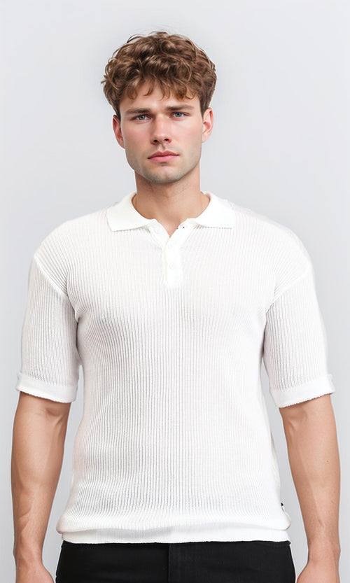 R207099 - Short Sleeves buttoned Ribbed Polo Shirt - Off-White