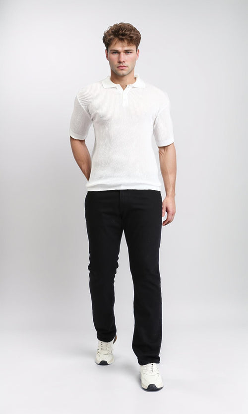 R207099 - Short Sleeves buttoned Ribbed Polo Shirt - Off-White