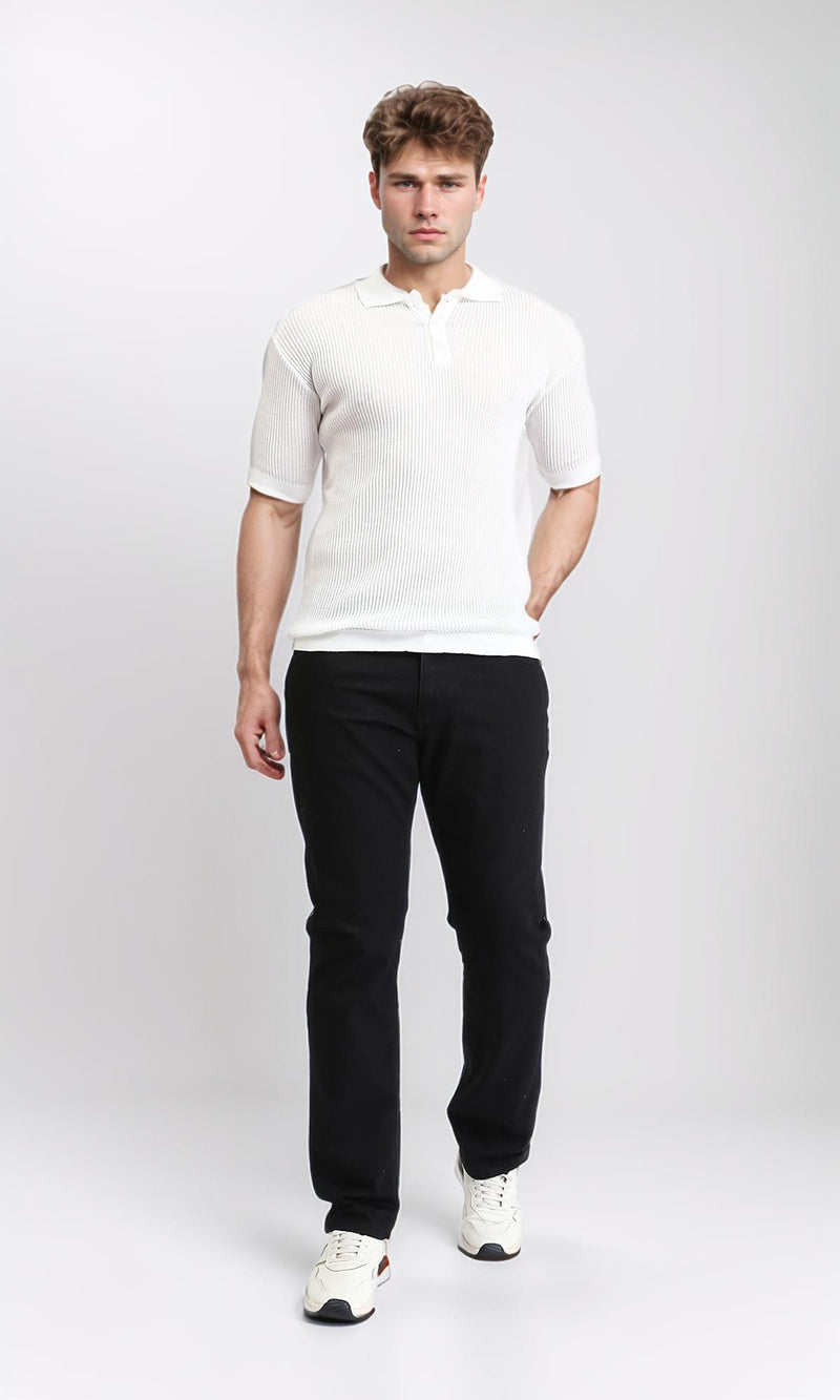 R207099 - Short Sleeves buttoned Ribbed Polo Shirt - Off-White