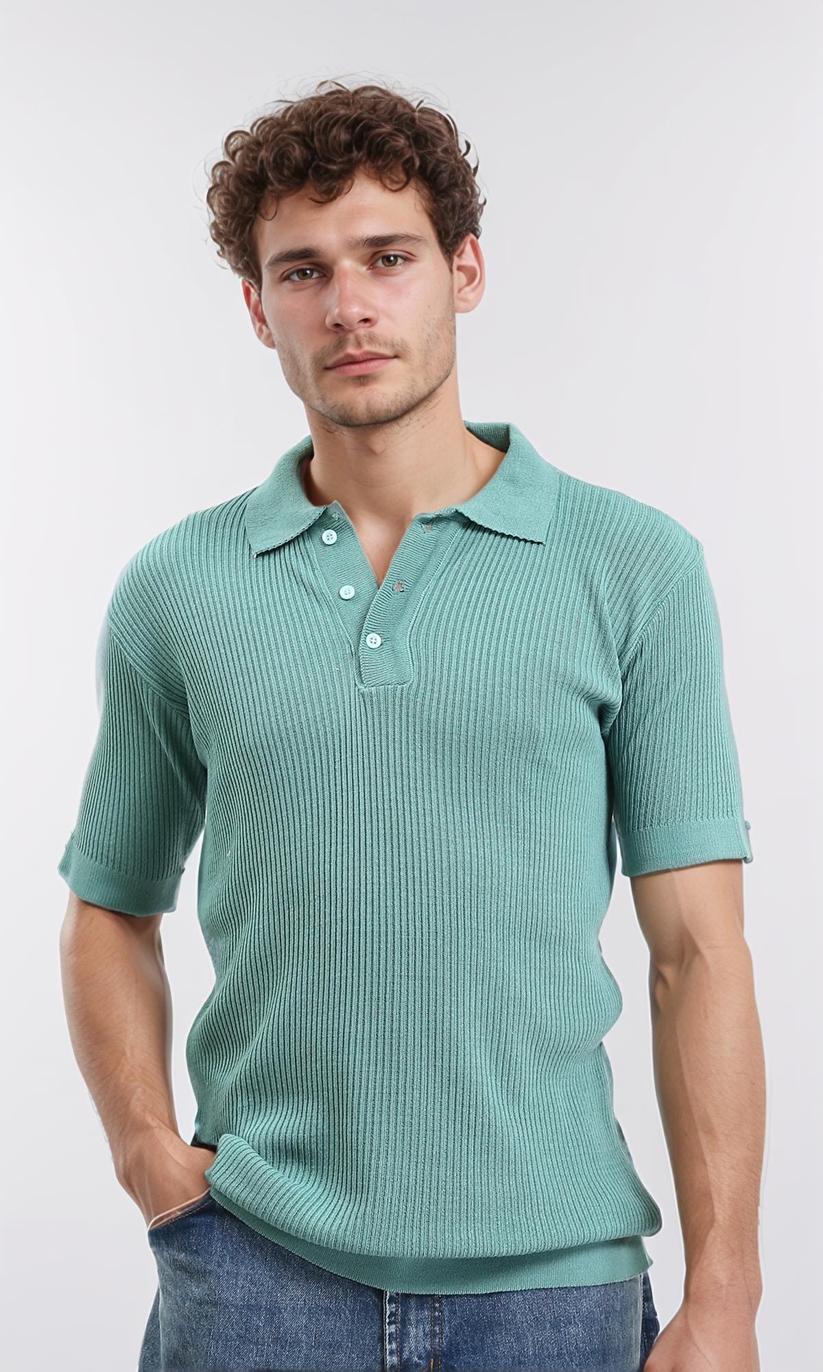 Ribbed Buttoned Neck Polo Shirt - Dark Mint