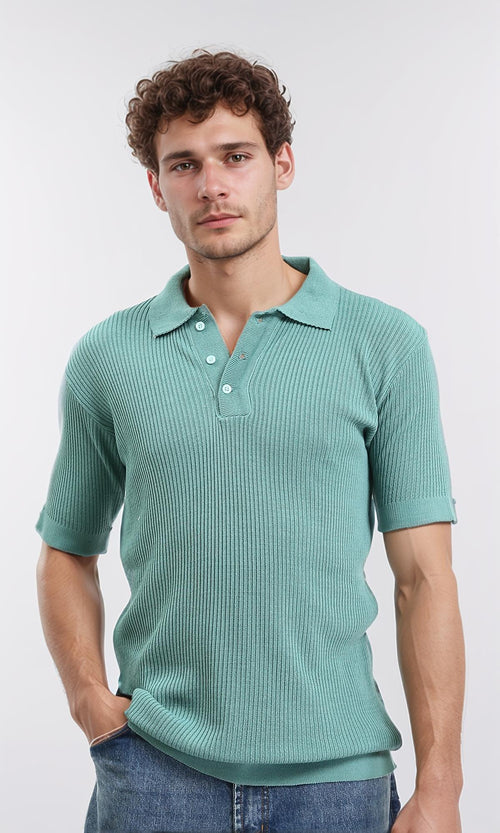 R207100 - Ribbed Buttoned Neck Polo Shirt - Dark Mint