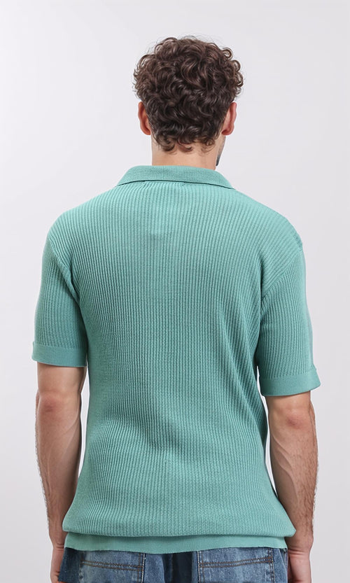 R207100 - Ribbed Buttoned Neck Polo Shirt - Dark Mint