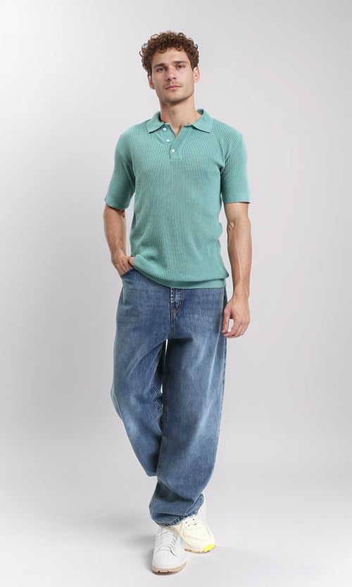 R207100 - Ribbed Buttoned Neck Polo Shirt - Dark Mint