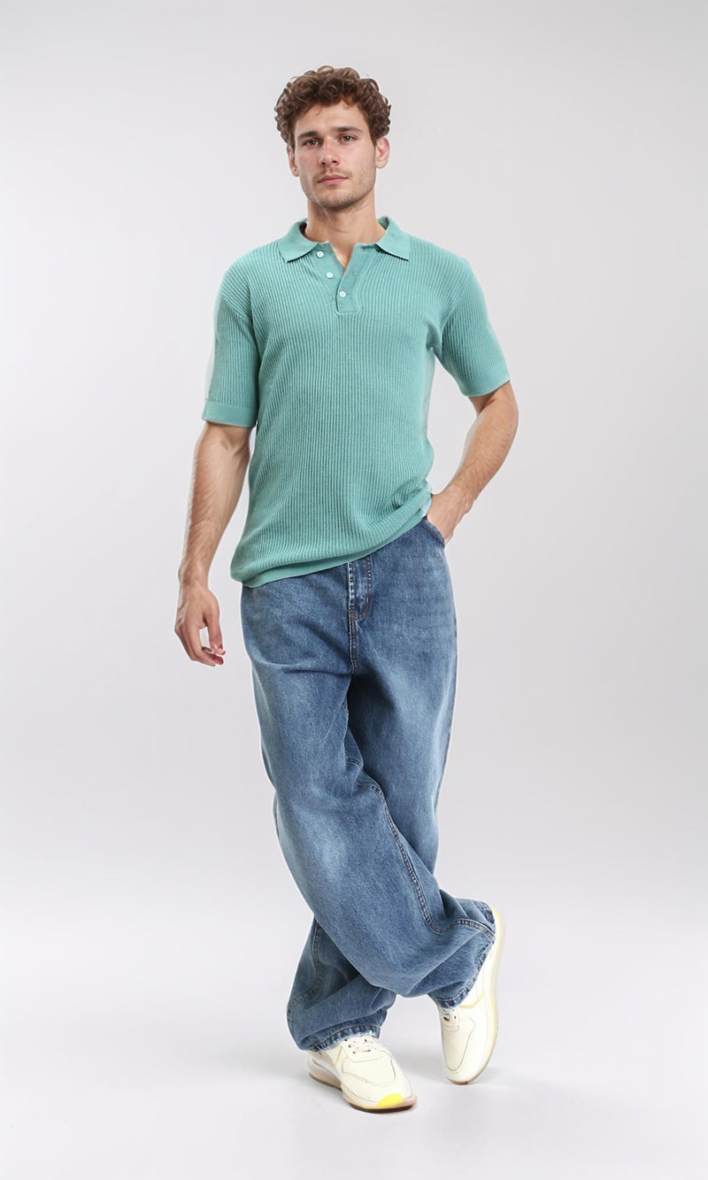 R207100 - Ribbed Buttoned Neck Polo Shirt - Dark Mint