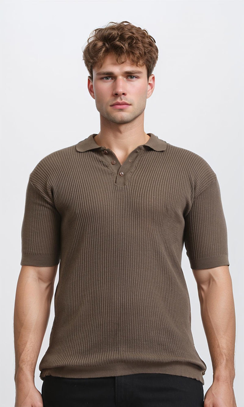 R207101 - Short Sleeves buttoned Ribbed Polo Shirt - Dark Coffee