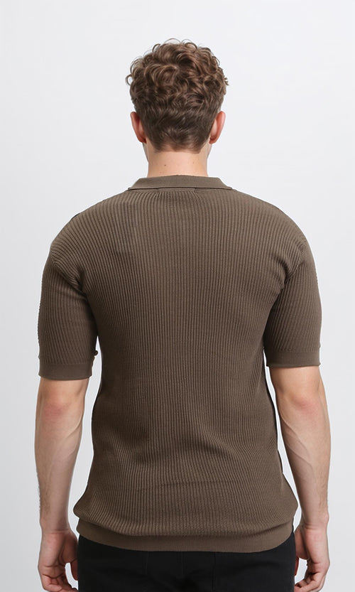 R207101 - Short Sleeves buttoned Ribbed Polo Shirt - Dark Coffee