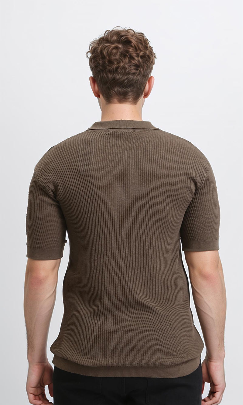 R207101 - Short Sleeves buttoned Ribbed Polo Shirt - Dark Coffee