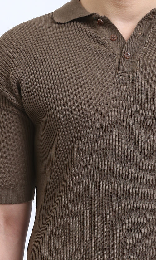 R207101 - Short Sleeves buttoned Ribbed Polo Shirt - Dark Coffee