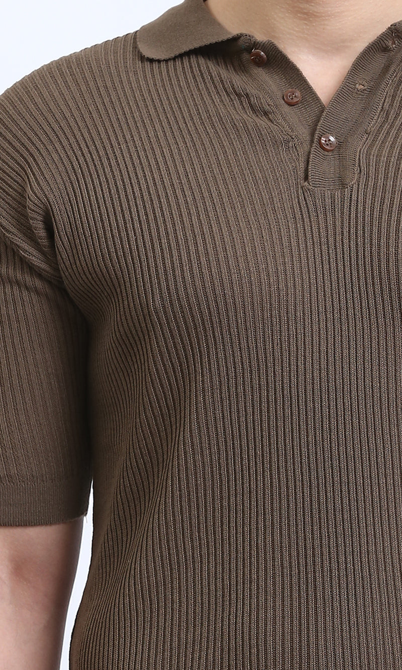R207101 - Short Sleeves buttoned Ribbed Polo Shirt - Dark Coffee