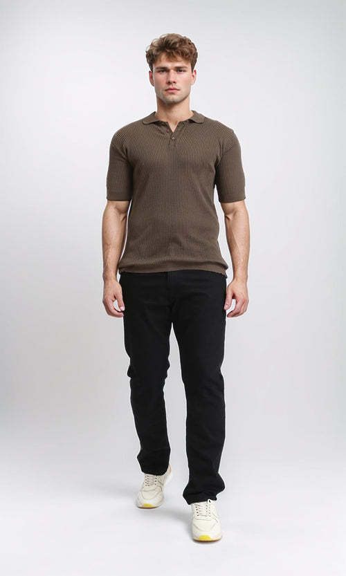 R207101 - Short Sleeves buttoned Ribbed Polo Shirt - Dark Coffee