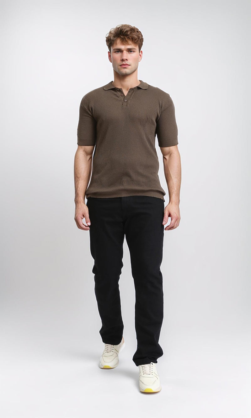 R207101 - Short Sleeves buttoned Ribbed Polo Shirt - Dark Coffee