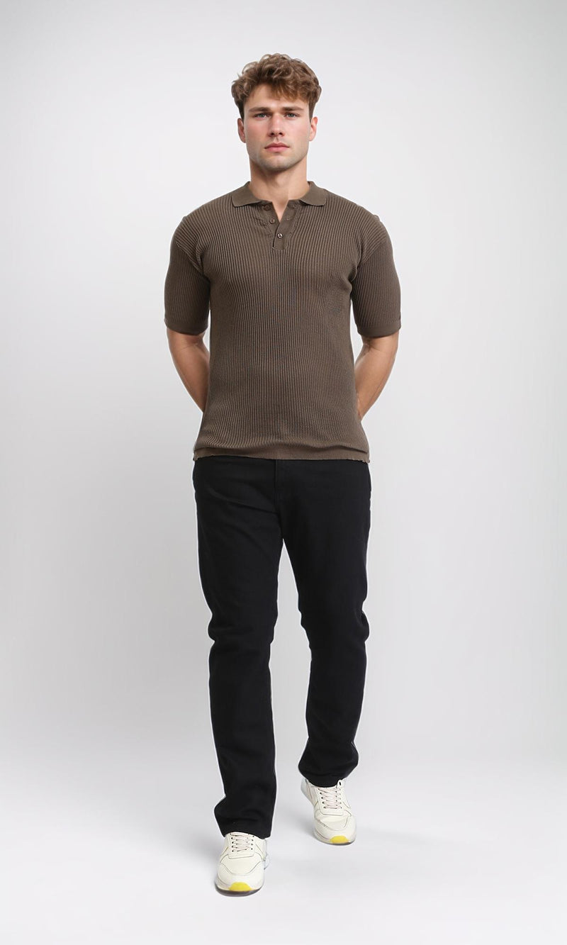 R207101 - Short Sleeves buttoned Ribbed Polo Shirt - Dark Coffee