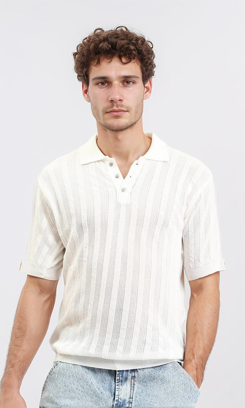 R207102 - Perforated Stripes Summer Polo Shirt - White