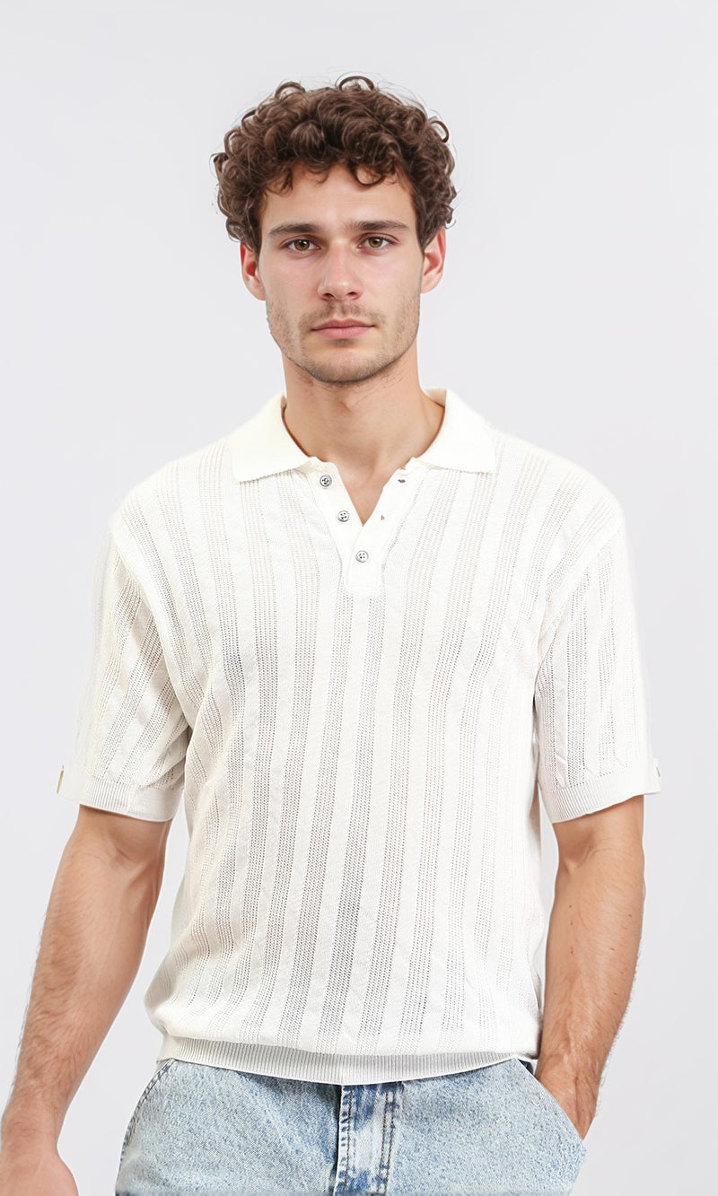 R207102 - Perforated Stripes Summer Polo Shirt - White