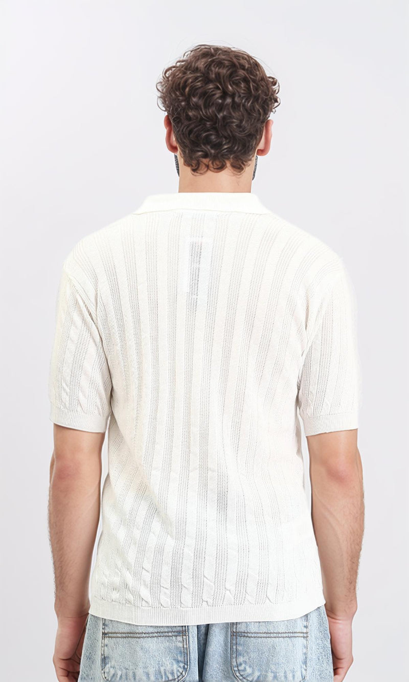 R207102 - Perforated Stripes Summer Polo Shirt - White