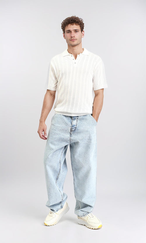 R207102 - Perforated Stripes Summer Polo Shirt - White