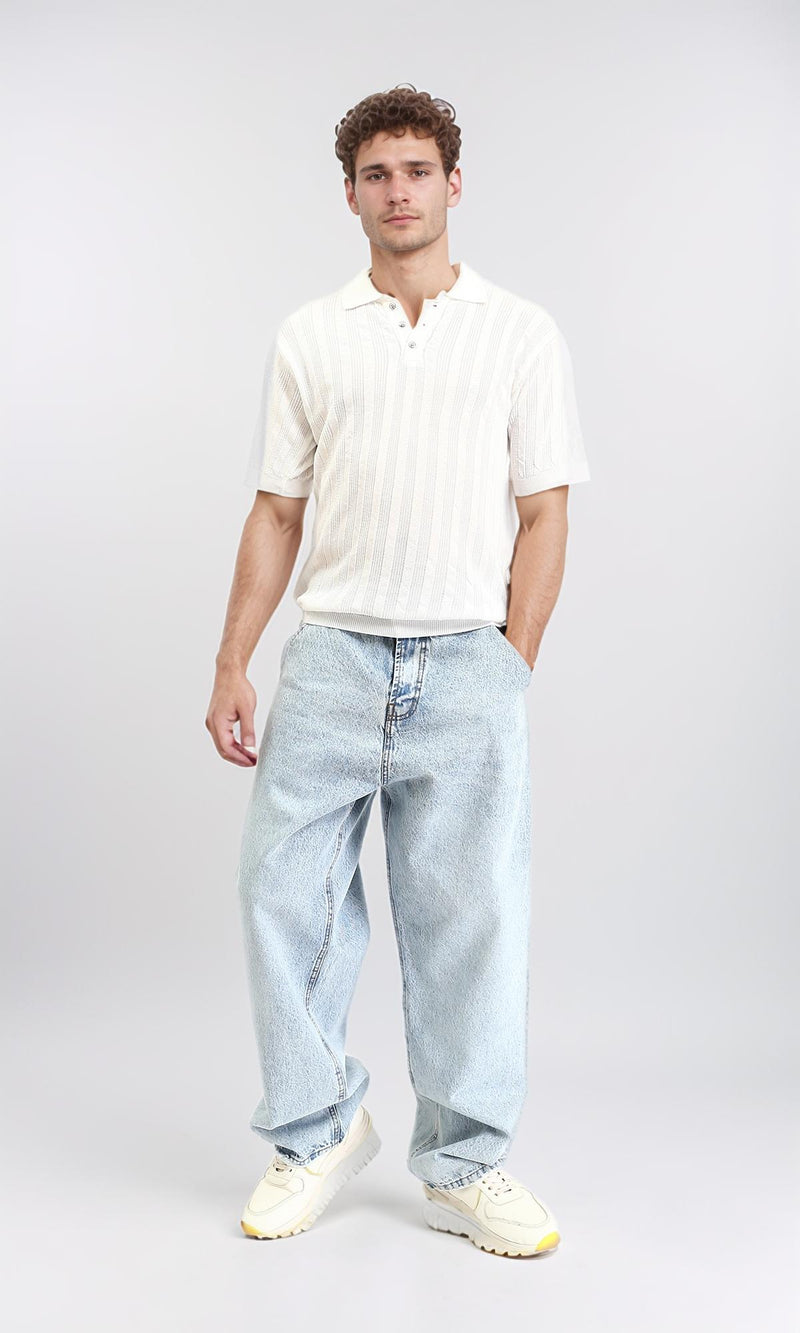 R207102 - Perforated Stripes Summer Polo Shirt - White