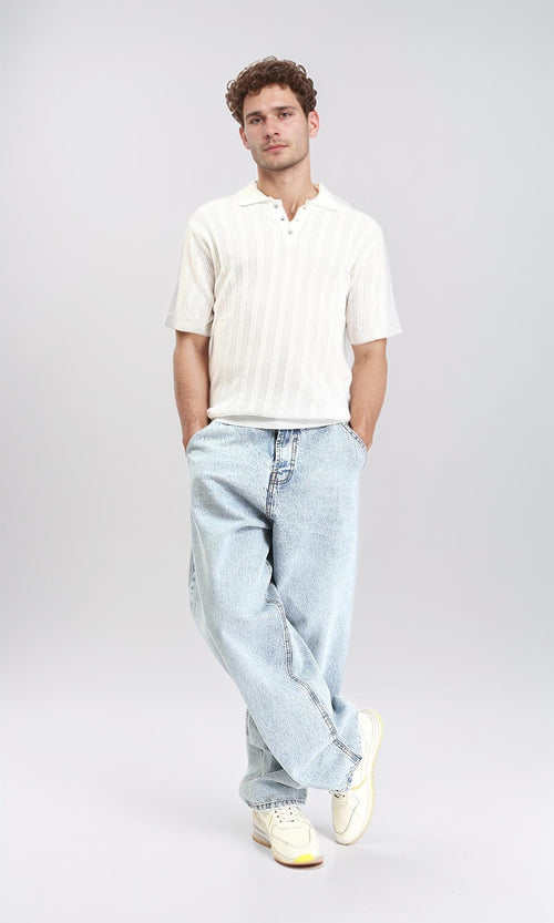 R207102 - Perforated Stripes Summer Polo Shirt - White