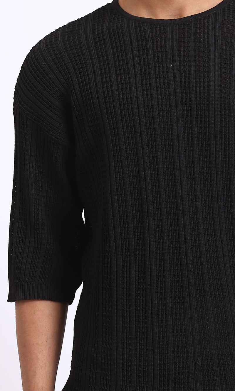 R207103 - Self Knit Slip On Casual Tee - Black