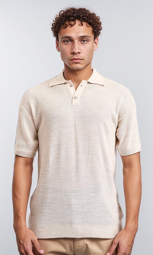 Short Sleeves Perforated Polo Shirt - Dark Beige