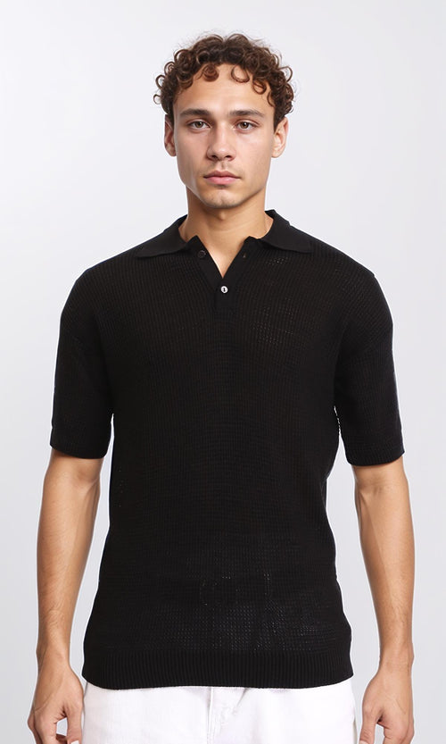 R207107 - Short Sleeves Perforated Polo Shirt - Black