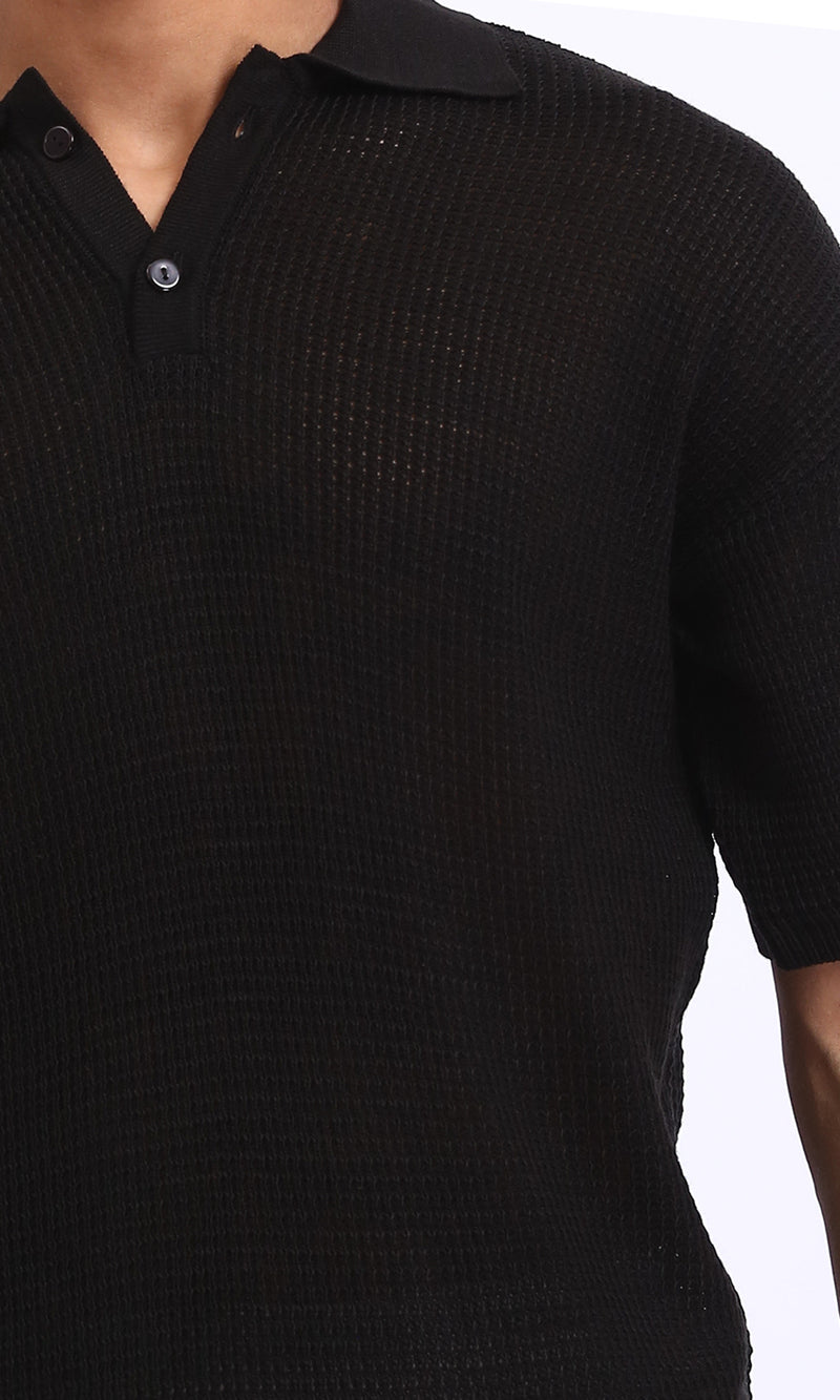 R207107 - Short Sleeves Perforated Polo Shirt - Black