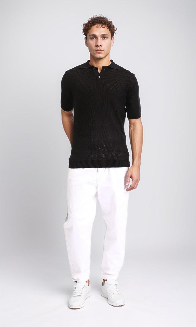 R207107 - Short Sleeves Perforated Polo Shirt - Black